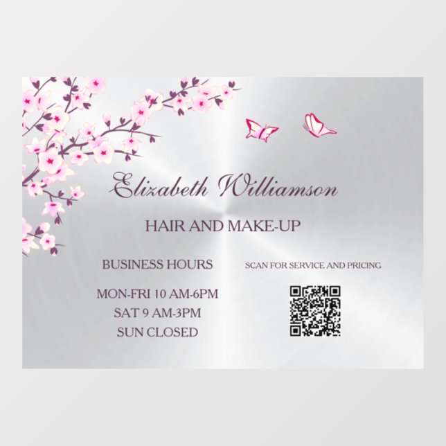 Autocollant Pour Fenêtre Code QR | Salon Rose Argent Fleur de Cerisier (Feuille)