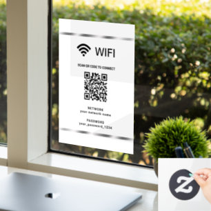 Autocollant Pour Fenêtre Code QR WiFi Réseau et Mot de Passe Argent Blanc