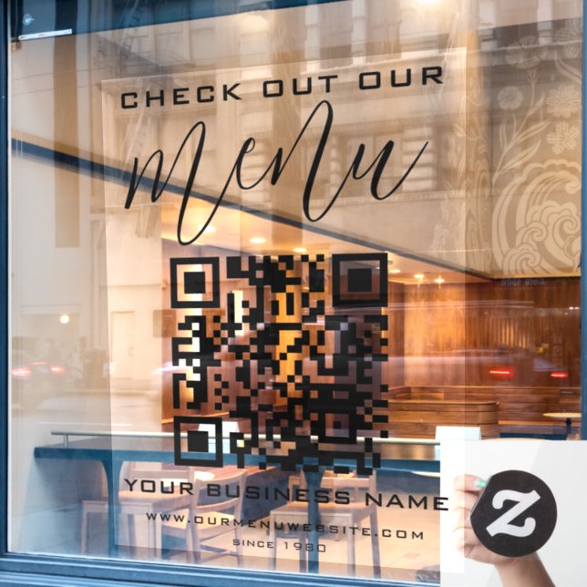 Autocollant Pour Fenêtre Consultez notre code QR de menu noir et blanc chic (Fenêtre de café)