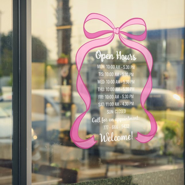 Autocollant Pour Fenêtre Coquette Pink Bow Small Business Open Hours Number (Créateur téléchargé)
