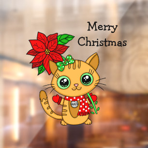 Autocollant Pour Fenêtre Cute Chat orange avec Poinsettia Noël