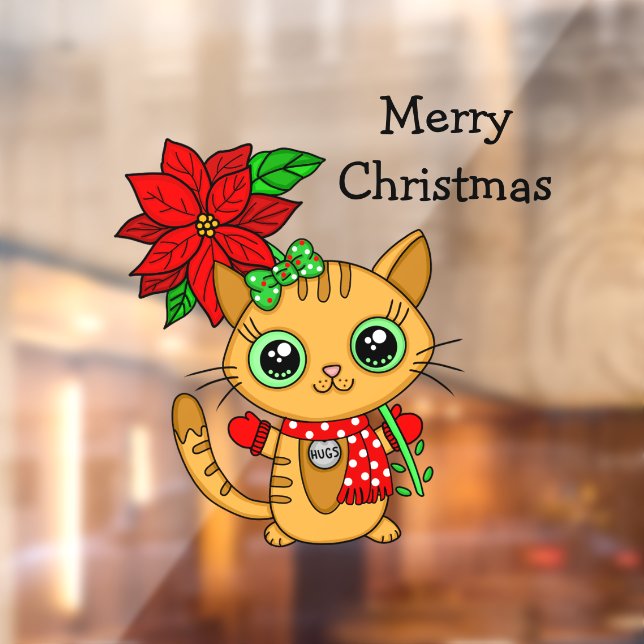 Autocollant Pour Fenêtre Cute Chat orange avec Poinsettia Noël (Feuille 2)