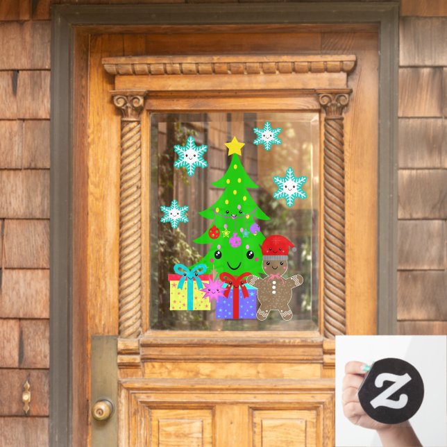 Autocollant Pour Fenêtre Cute Kawaii Face Arbre de Noël Entrée 18x24 (Porte d'accueil)