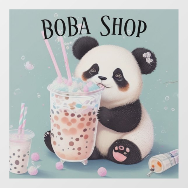 Autocollant Pour Fenêtre Cute Panda boire du thé à bulle, du boba tea (Feuille)