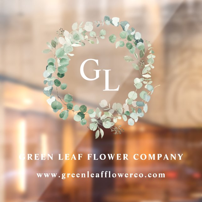 Autocollant Pour Fenêtre Élégant feuillage vert Nom commercial Monogram Win (Feuille 2)