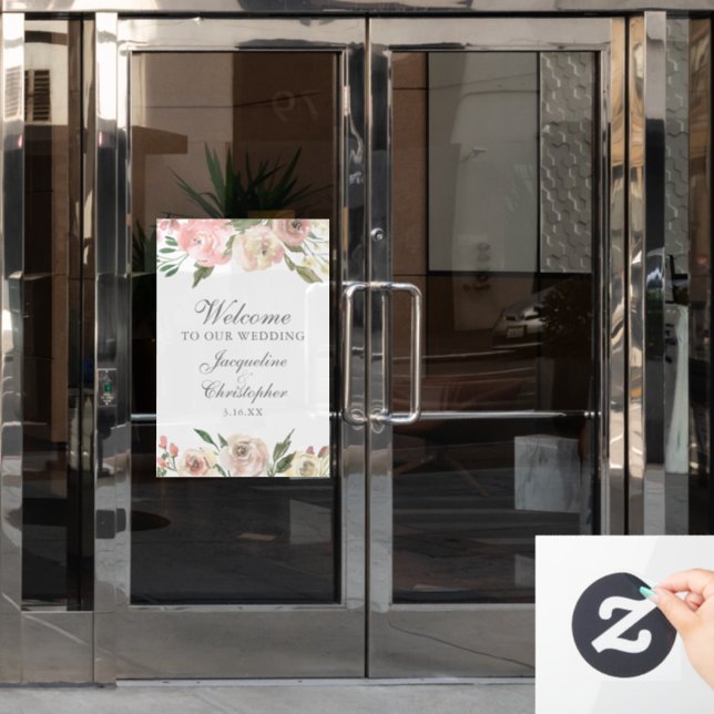 Autocollant Pour Fenêtre Elégant Pony rose Floral Bienvenue à notre Mariage (Porte de bureau)