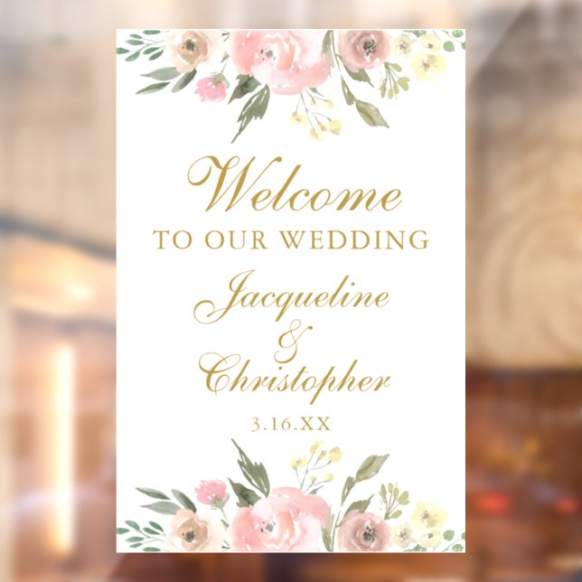 Autocollant Pour Fenêtre Elégant rose Floral Gold Bienvenue à notre Mariage (Feuille 2)