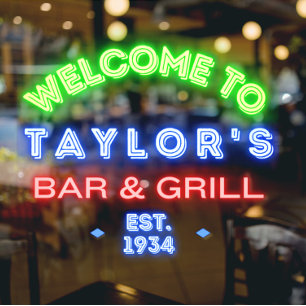 Autocollant Pour Fenêtre Faux Neon Custom Bar and Grill Window Adverse