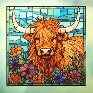 Autocollant Pour Fenêtre Ferme de vaches des Highlands florale Faux vitrail