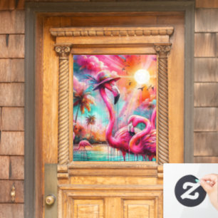 Autocollant Pour Fenêtre Flamants roses roses tropicaux Palmiers Eau Solair