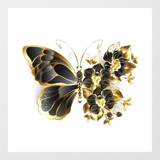 Autocollant Pour Fenêtre Gold flower Butterfly with Black Orchid (Feuille)