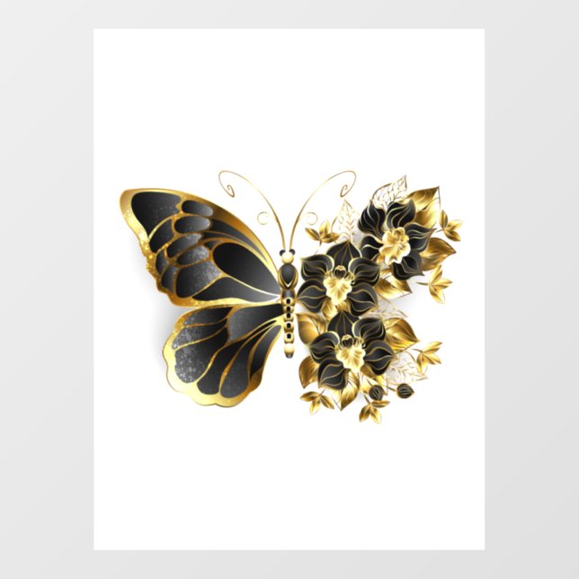 Autocollant Pour Fenêtre Gold flower Butterfly with Black Orchid (Feuille)