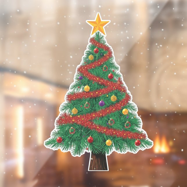 Autocollant Pour Fenêtre Grand Christmas Tree Window Cling (Retro Tinsel and Star Holiday Decal)