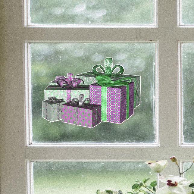 Autocollant Pour Fenêtre Group Shiny Wrapped Christmas Present Green Purple (Group Christmas shiny presents green and purple wrapping paper with bows on window cling decoration.)