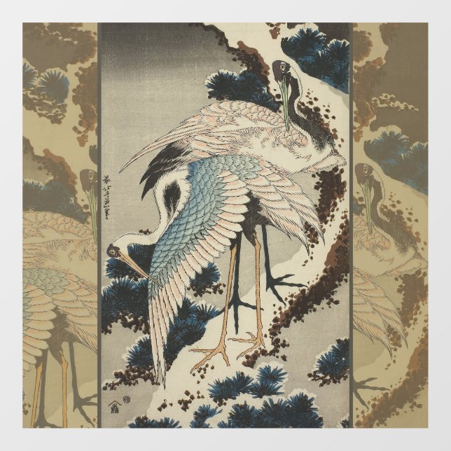 Autocollant Pour Fenêtre Grues sur un pin couvert de neige Hokusai (Feuille)