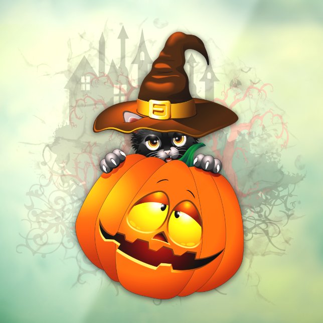 Autocollant Pour Fenêtre Halloween Cute Kitty Witch et ami Citrouille (Feuille 3)