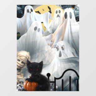Autocollant Pour Fenêtre Halloween hanté avec des fantômes, maman et chat n