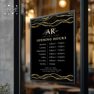 Autocollant Pour Fenêtre Heures de Salon de Beauté Marbre Agate Noir & Or