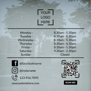 Autocollant Pour Fenêtre Heures d'ouverture avec code QR personnalisé Logo 