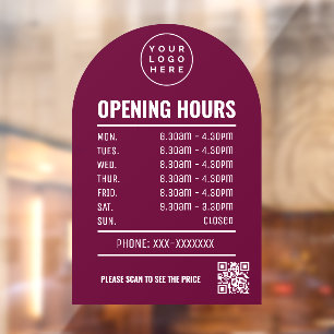 Autocollant Pour Fenêtre Heures d'ouverture avec logo code QR Arch bordeaux