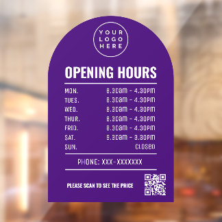 Autocollant Pour Fenêtre Heures d'Ouverture Avec Logo Code Qr Arch Purple