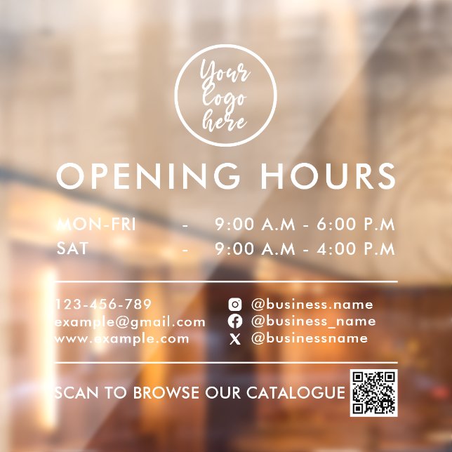 Autocollant Pour Fenêtre Heures d'ouverture Code QR Logo Coordonnées Blanc (Feuille 2)