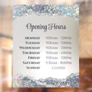 Autocollant Pour Fenêtre Heures d'ouverture de Faux Silver Glitter Foil