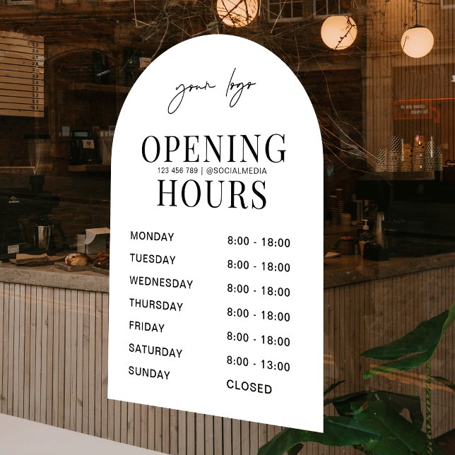 Autocollant Pour Fenêtre Heures d'ouverture du logo d'entreprise d'arch bla (Modern white arch business opening times window cling sign for your shop, salon or office)