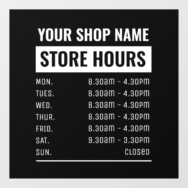 Autocollant Pour Fenêtre Heures d'ouverture du magasin de nom commercial (Feuille)
