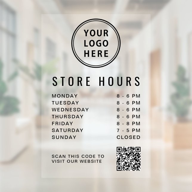 Autocollant Pour Fenêtre Heures d'ouverture Logo Code QR (Business Hours Logo QR Code Window Cling)