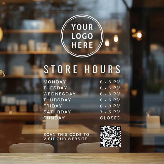 Autocollant Pour Fenêtre Heures d'ouverture Logo Code QR Écriture Blanche (Business Hours Logo QR Code White Lettering Window Cling)