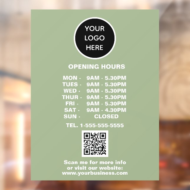 Autocollant Pour Fenêtre Heures d'ouverture Logo d'entreprise vert sauge Co (Feuille 2)
