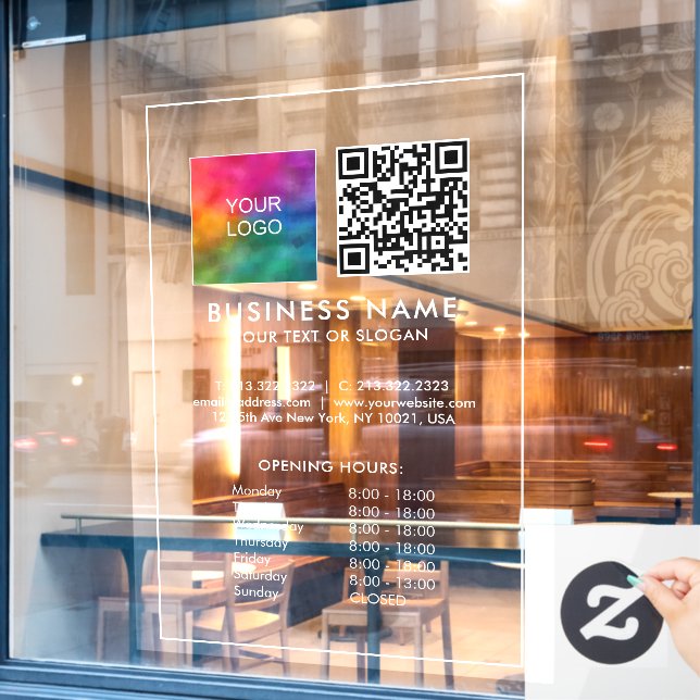 Autocollant Pour Fenêtre Heures d'ouverture QR Code Entreprise Logo Modèle  (Fenêtre de café)