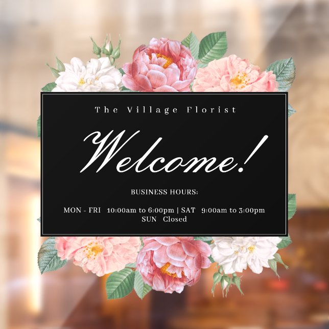 Autocollant Pour Fenêtre Horaires d'ouverture Floral Business Welcome Black (Feuille 2)