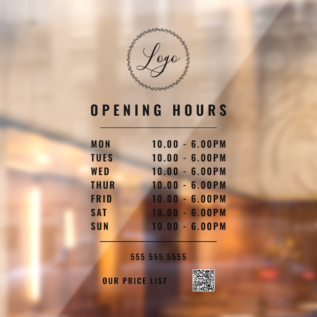 Autocollant Pour Fenêtre Horaires d'ouverture noir Logo Code QR transparent (Feuille 2)