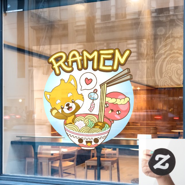 Autocollant Pour Fenêtre Japon Cute Panda Rouge Octopus Manger Ramen Restau (Fenêtre de café)