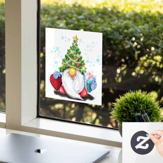 Autocollant Pour Fenêtre Joli Gnome avec chapeau d'arbre de Noël et cadeau  (Bureau)