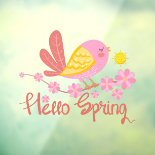 Autocollant Pour Fenêtre Joli Oiseau Avec Fleurs Bonjour le Printemps