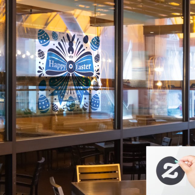 Autocollant Pour Fenêtre Joyeuses Pâques Arc Bleu Art Populaire Lapin & Œuf (Fenêtre du restaurant)