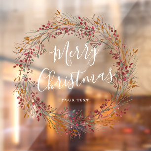 Autocollant Pour Fenêtre Joyeux Noël à la couronne rouge d'hiver