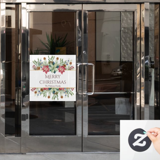 Autocollant Pour Fenêtre Joyeux Noël Aquarelle Fleurs d'hiver Nom (Porte de bureau)