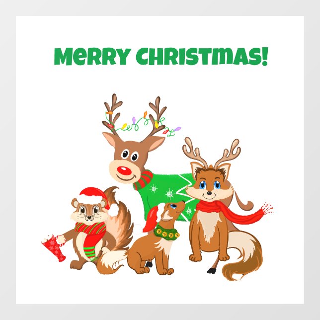 Autocollant Pour Fenêtre Joyeux Noël! Cerfs mignons, renards et Chipmunk (Feuille)