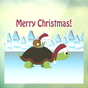 Autocollant Pour Fenêtre Joyeux Noël! San Turtle et Père Noël Snail
