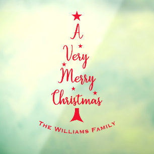 Autocollant Pour Fenêtre Joyeux script d'arbre de Noël étoiles famille roug