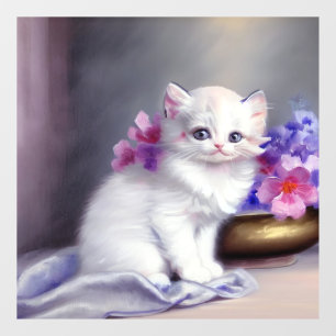 Autocollant Pour Fenêtre Kitten blanc vintage aux fleurs roses et violettes