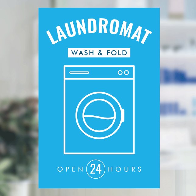 Autocollant Pour Fenêtre Laundromat 24/7 Wash and Fold Service Blue & White (Fulyl editable modern laundromat window cling sign in blue and white)