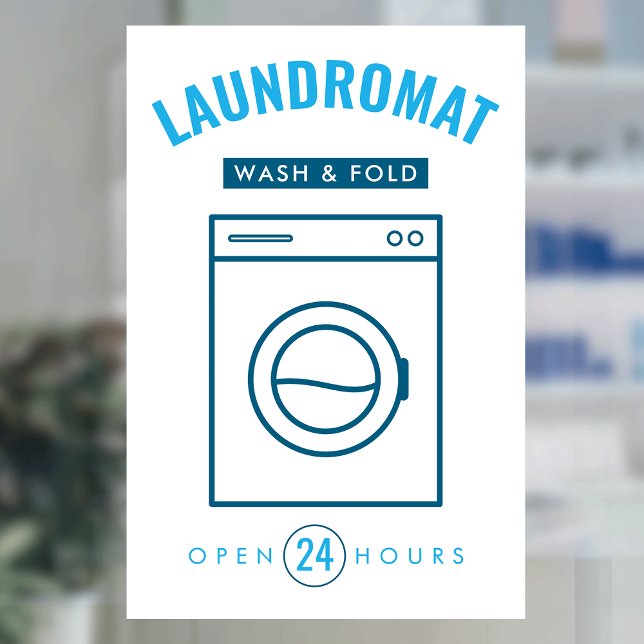 Autocollant Pour Fenêtre Laundromat 24/7 Wash and Fold Service Blue & White (modern laundromat window cling sign with fully editable text and a washer graphic)