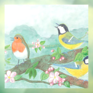 Autocollant Pour Fenêtre Les oiseaux chantent sur une branche d'arbre en fl