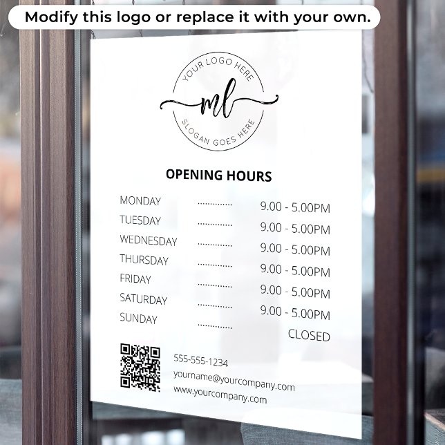 Autocollant Pour Fenêtre Logo d'entreprise Monogramme professionnel Heures  (Créateur téléchargé)