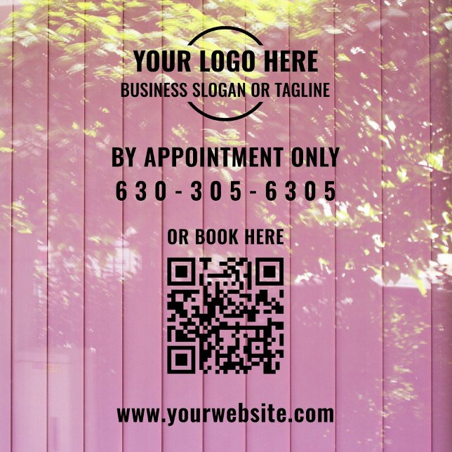 Autocollant Pour Fenêtre Logo noir moderne Code QR sur rendez-vous seulemen (Modern "By Appointment Only" business window cling in black with custom logo, QR code, phone number.)